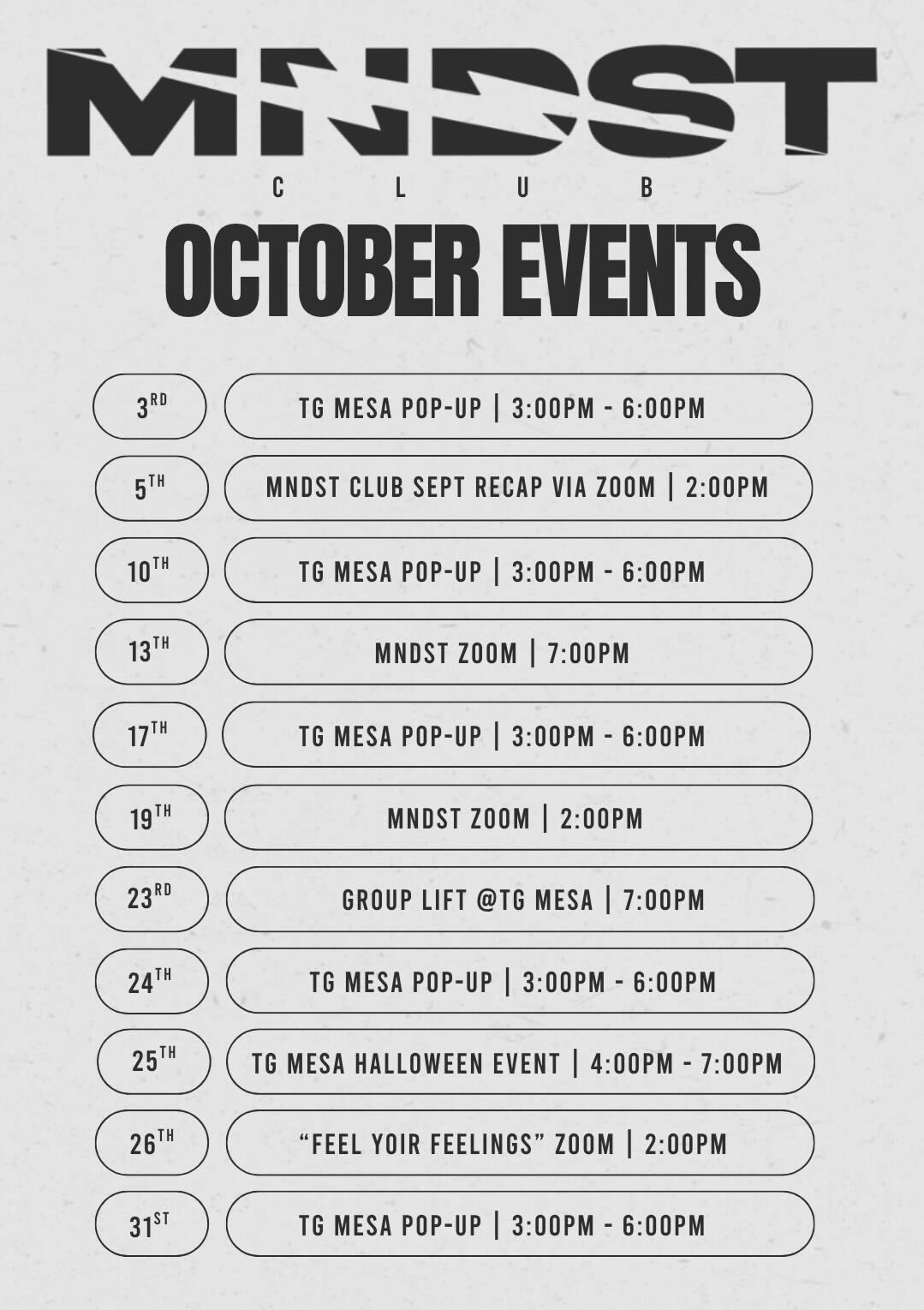 MNDST Club October events schedule on a white background