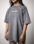 MNDST model showcasing the grey oversized Foundation tee