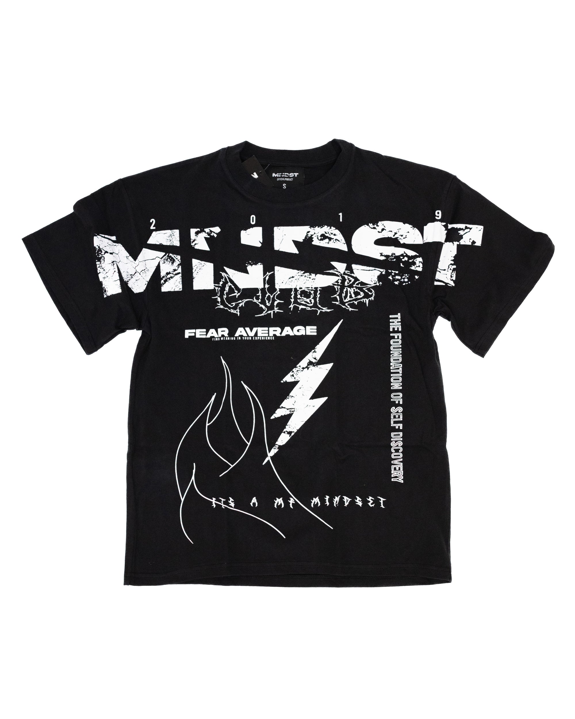 Black t-shirt with white graphic design on a white background