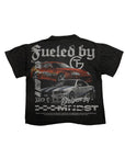 Black t-shirt with car graphics and text on a white background