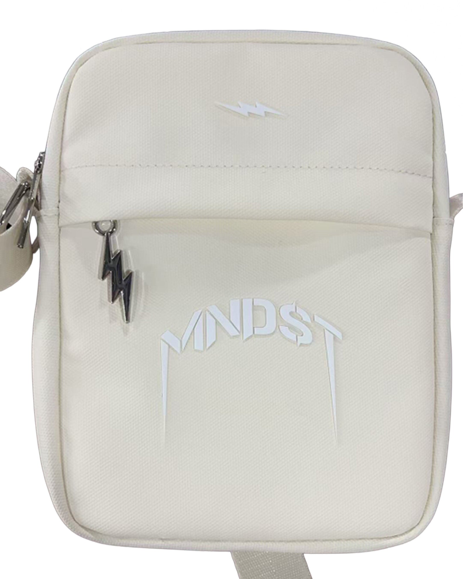 White shoulder bag with 'MINDST' logo on a white background