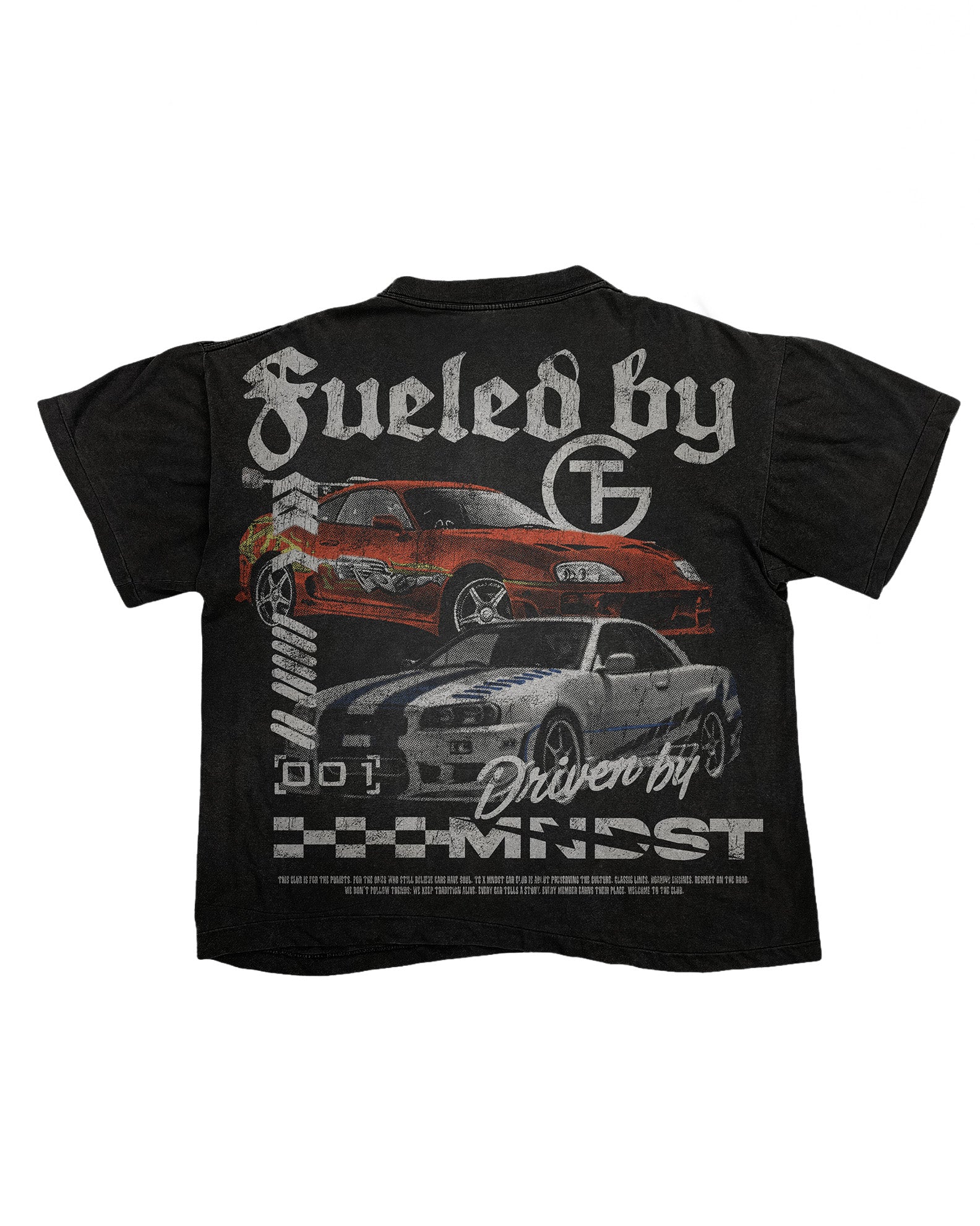 Black t-shirt with car graphics and text on a white background