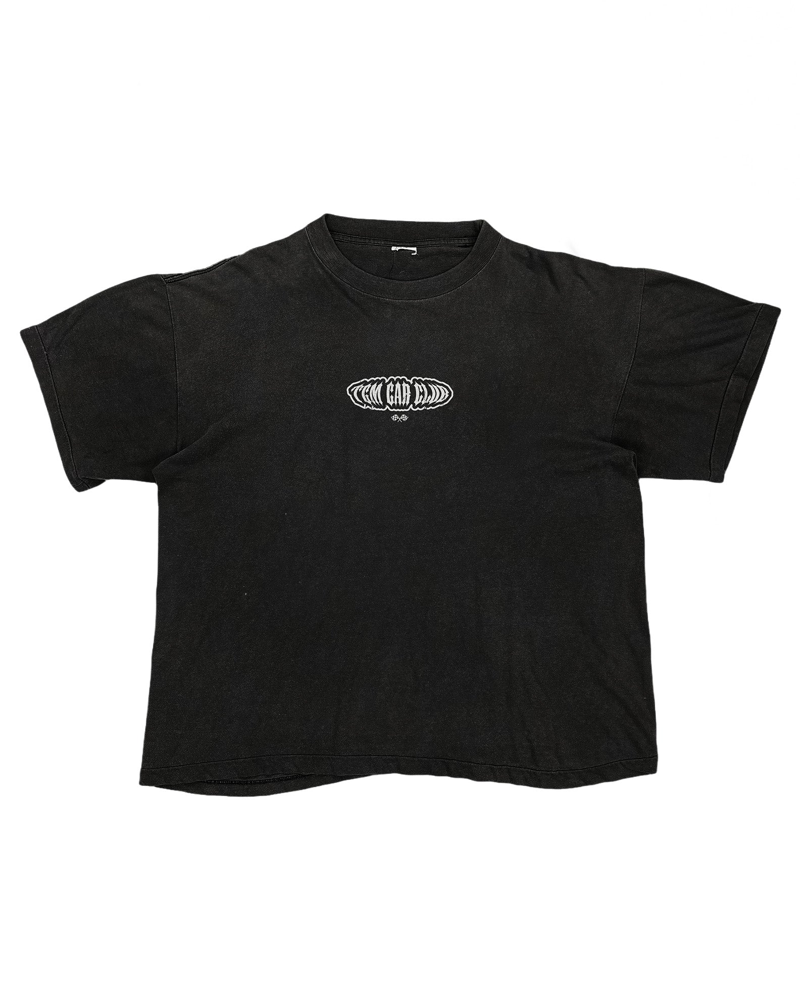 Black t-shirt with a logo on a white background