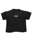 Black t-shirt with a logo on a white background